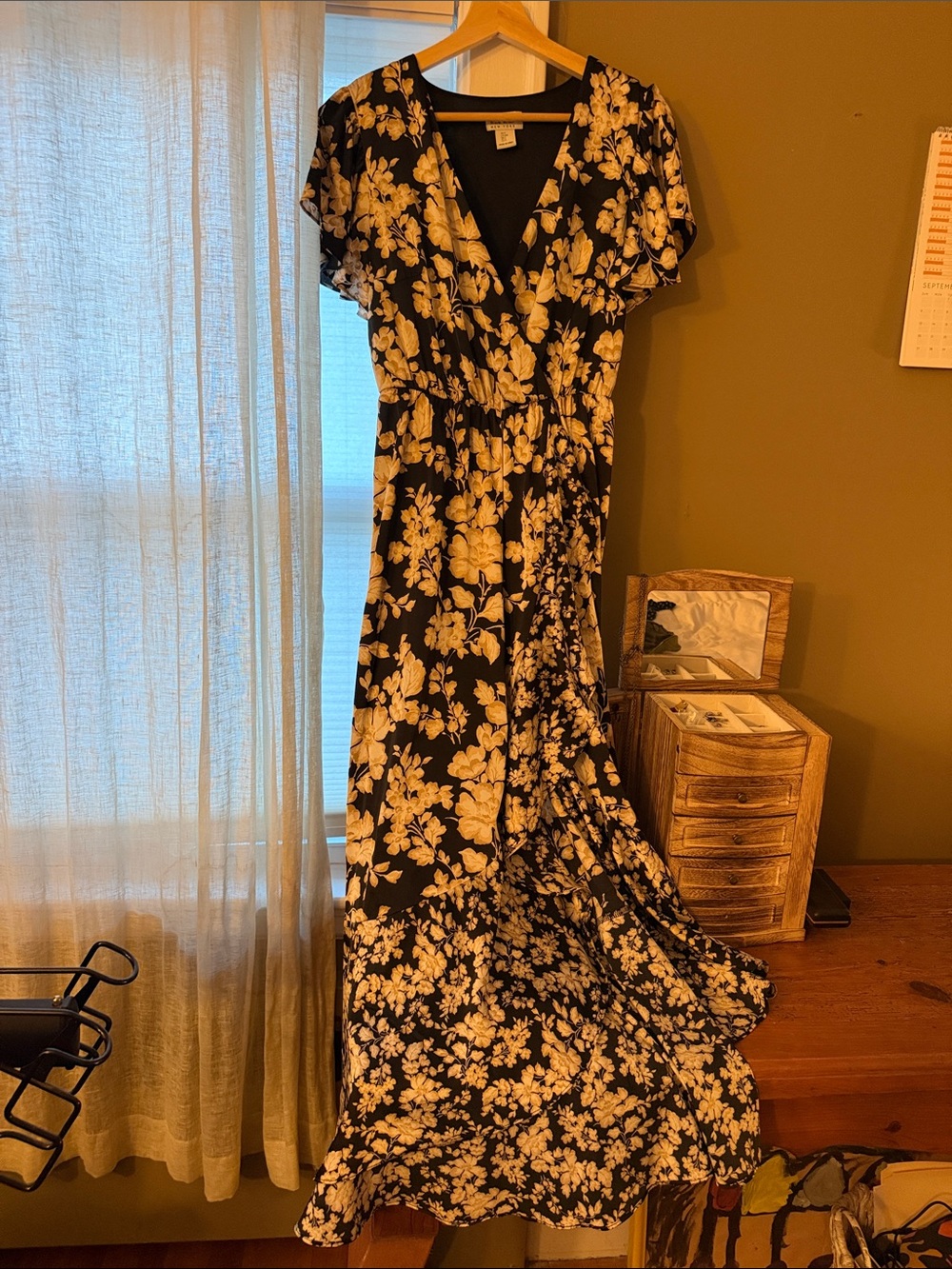 Black Floral V-Neck Maxi Dress with Cream Print